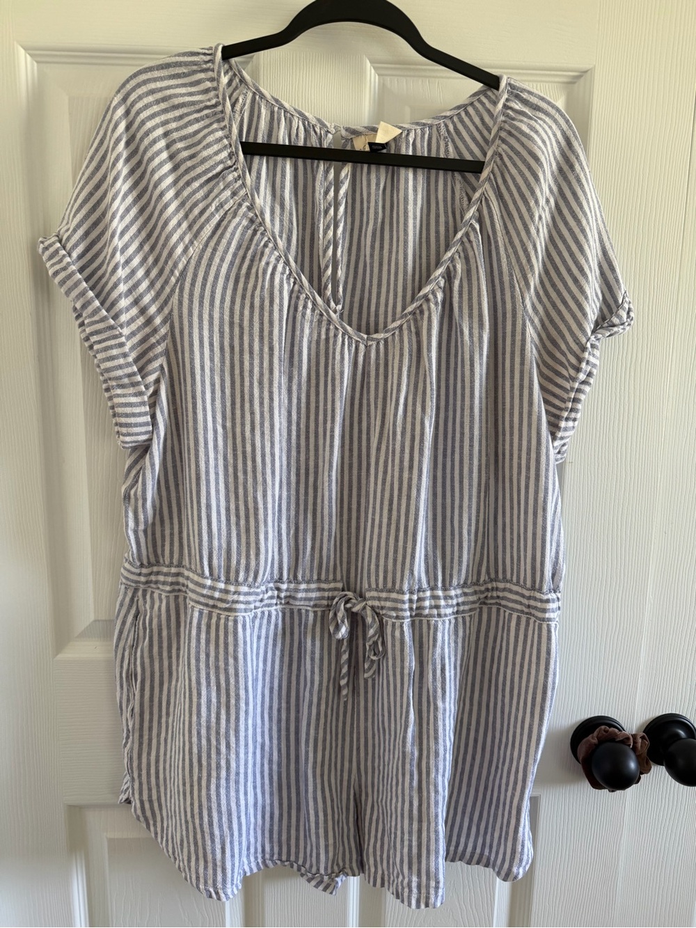 Universal Thread Blue & White Striped Beachy Cotton Romper with Drawstring Waist